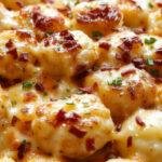 A golden-brown Tater Tot Casserole in a rustic baking dish, topped with melted cheese and crispy Tater Tots, garnished with chopped green herbs, served hot.
