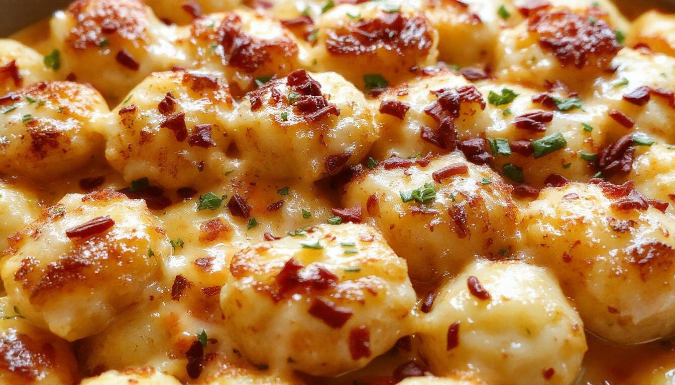A golden-brown Tater Tot Casserole in a rustic baking dish, topped with melted cheese and crispy Tater Tots, garnished with chopped green herbs, served hot.