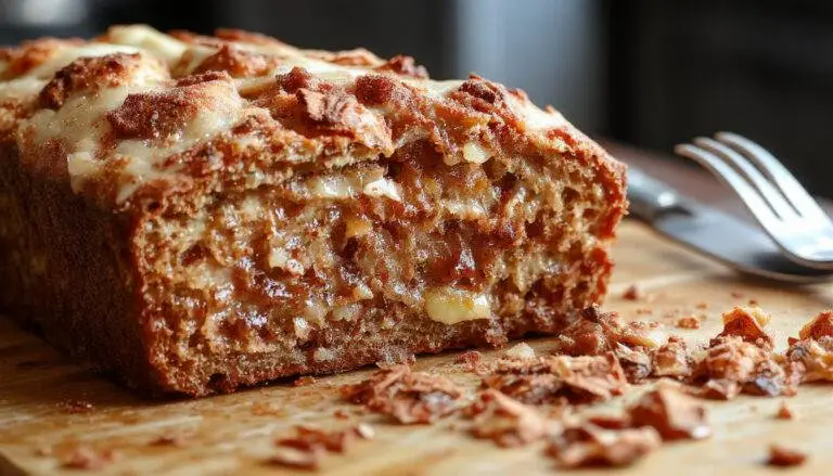 A golden-brown loaf of warm cinnamon apple bread sits on a rustic wooden table, sliced to reveal tender apple chunks and swirls of cinnamon throughout. The top has a slight glaze with cinnamon sugar sprinkled on it, and a few apple slices and cinnamon sticks are artfully arranged beside it.