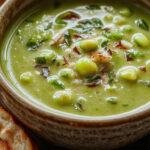 A vibrant bowl of bright green pea soup garnished with a swirl of cream and fresh herbs, served in a rustic white bowl on a wooden surface with a spoon beside it.