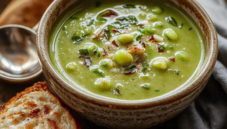 A vibrant bowl of bright green pea soup garnished with a swirl of cream and fresh herbs, served in a rustic white bowl on a wooden surface with a spoon beside it.