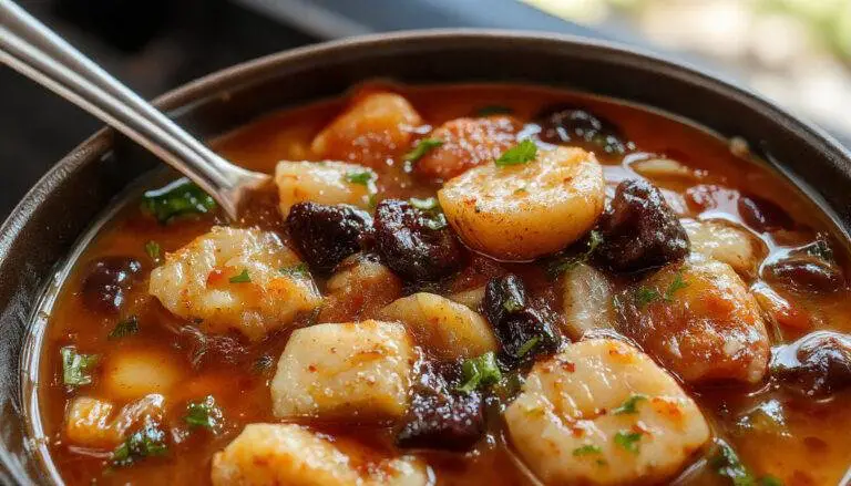 A cauldron-style pot filled with dark, steaming stew garnished with chopped herbs, mini pumpkin-shaped bread pieces, and glowing edible eyes floating on the surface, set against a spooky Halloween backdrop with flickering candles and cobwebs.