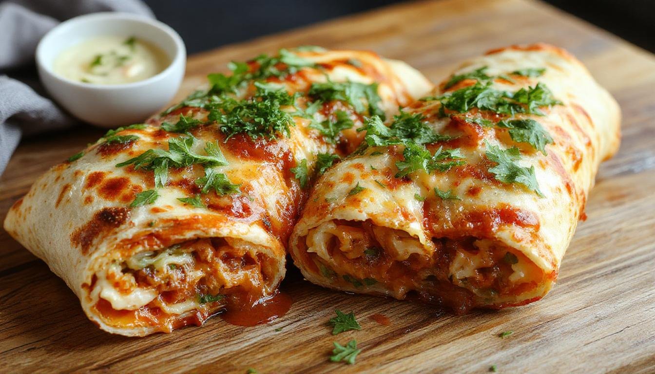 Une assiette de wraps façon pizza au four, garnis de sauce tomate rouge vif, mozzarella fondante, tranches de pepperoni, basilic frais, et un filet d'huile d'olive, présentés sur une assiette blanche avec quelques feuilles de basilic vert clair en décor, la texture du pain toasté et croustillant visible.
