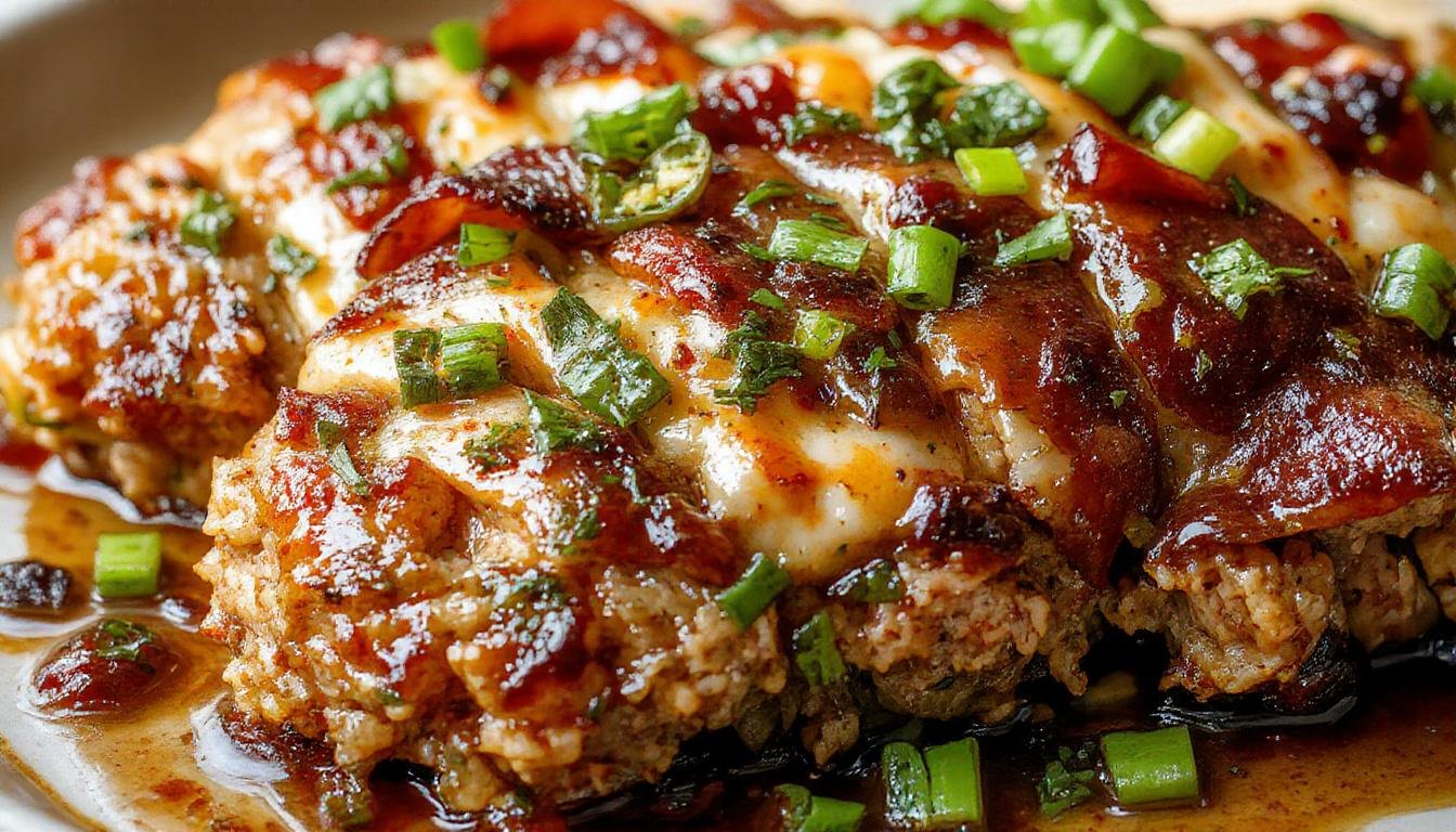 A sliced meatloaf with a golden-brown crust, visible melted cheese and vibrant green jalapeños inside, topped with crispy bacon strips and garnished with fresh herbs, arranged on a rustic wooden platter.