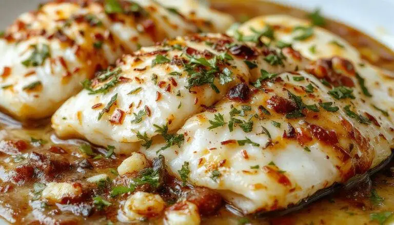 A beautifully plated Mediterranean baked fish fillet topped with vibrant cherry tomatoes, lemon slices, and fresh herbs. The fish has a golden crispy crust with colorful vegetables around it, garnished with a sprig of parsley, served on a rustic white plate, highlighting its flaky texture and zesty appearance.