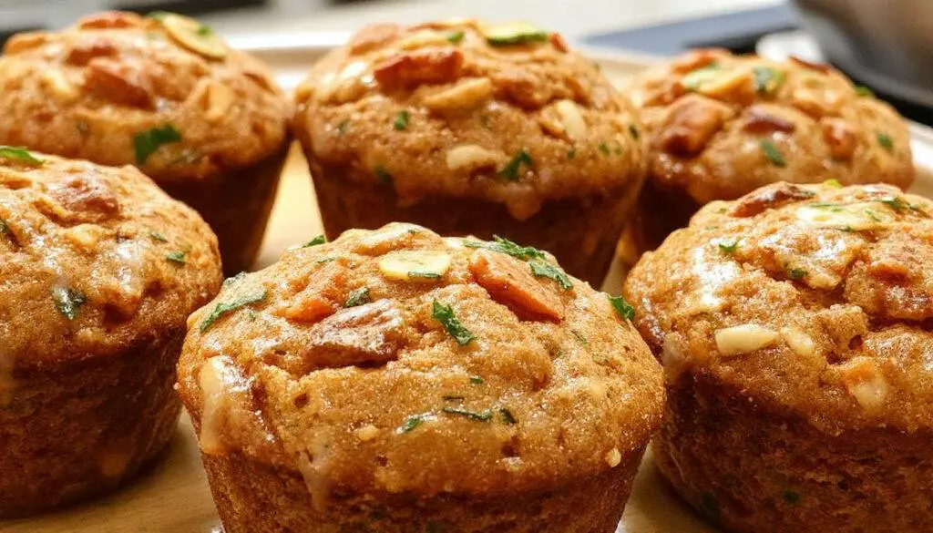 A close-up of freshly baked zucchini and carrot muffins arranged on a rustic wooden platter. The muffins have golden-brown tops with visible flecks of shredded zucchini and carrots, and some are garnished with a light dusting of powdered sugar. The scene includes a few muffins cut open to reveal moist, vibrant orange and green interior textures, capturing their wholesome, inviting appearance.