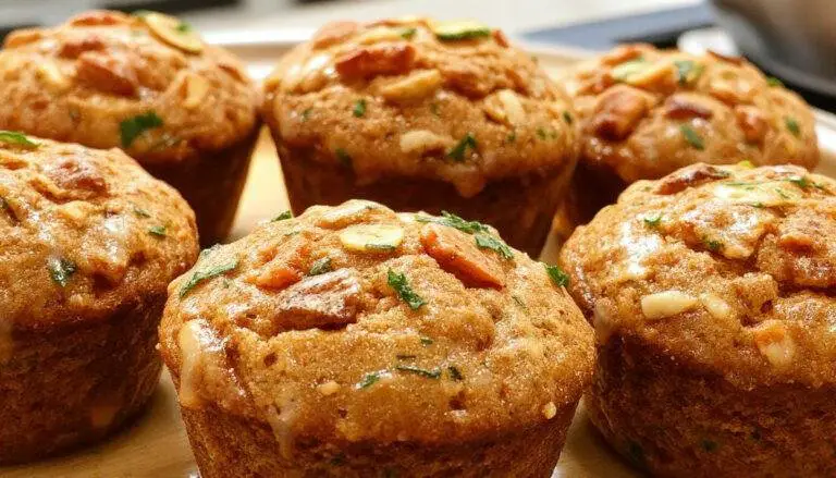 A close-up of freshly baked zucchini and carrot muffins arranged on a rustic wooden platter. The muffins have golden-brown tops with visible flecks of shredded zucchini and carrots, and some are garnished with a light dusting of powdered sugar. The scene includes a few muffins cut open to reveal moist, vibrant orange and green interior textures, capturing their wholesome, inviting appearance.