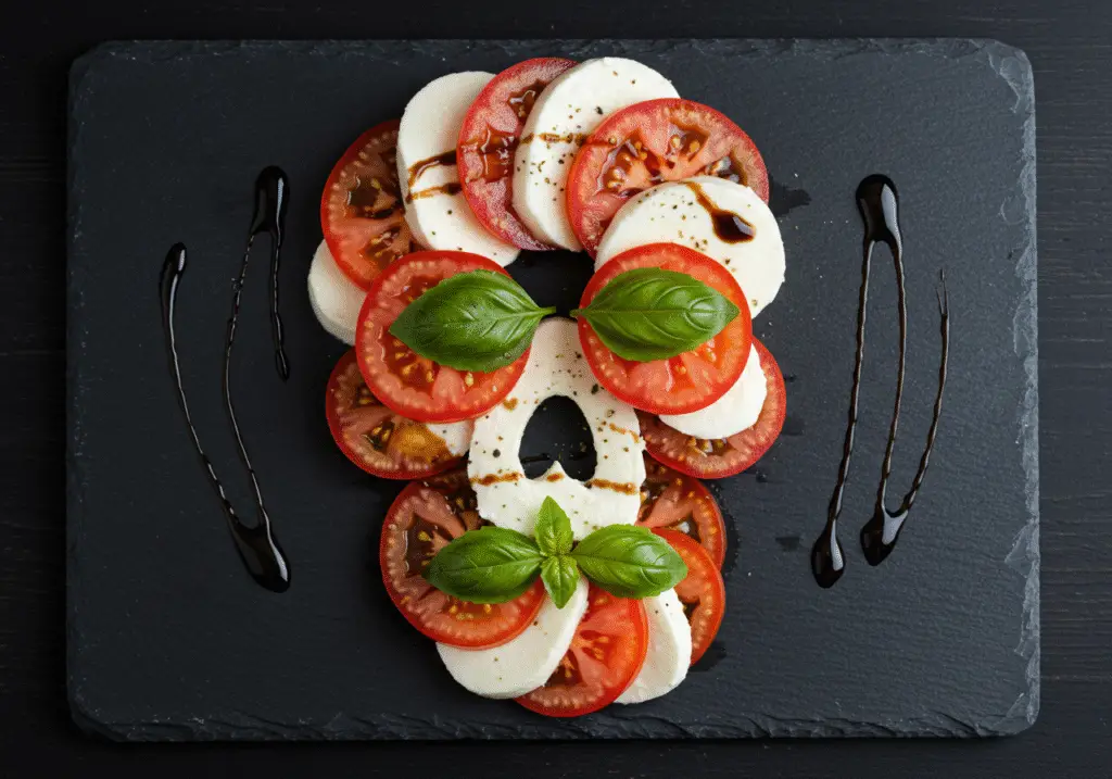 A creatively arranged Caprese salad shaped like a skull, with vibrant red cherry tomatoes, creamy white mozzarella, and fresh basil leaves for eyes and nose, served on a dark slate plate, accented with balsamic glaze drizzles. The presentation emphasizes a spooky yet appetizing look, ideal for Halloween-themed dining.