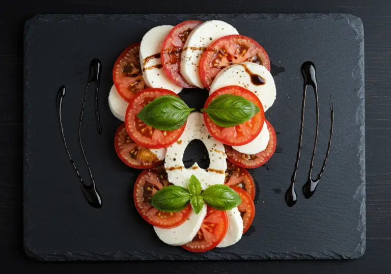 A creatively arranged Caprese salad shaped like a skull, with vibrant red cherry tomatoes, creamy white mozzarella, and fresh basil leaves for eyes and nose, served on a dark slate plate, accented with balsamic glaze drizzles. The presentation emphasizes a spooky yet appetizing look, ideal for Halloween-themed dining.