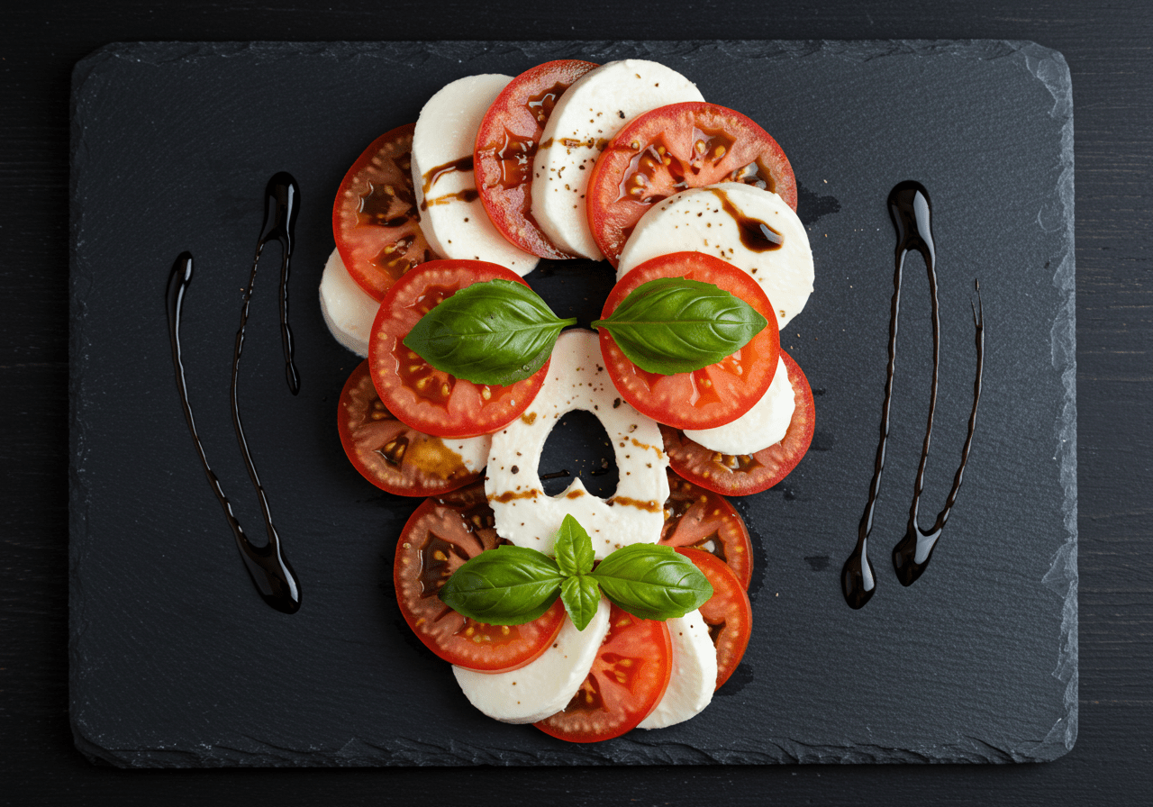A creatively arranged Caprese salad shaped like a skull, with vibrant red cherry tomatoes, creamy white mozzarella, and fresh basil leaves for eyes and nose, served on a dark slate plate, accented with balsamic glaze drizzles. The presentation emphasizes a spooky yet appetizing look, ideal for Halloween-themed dining.