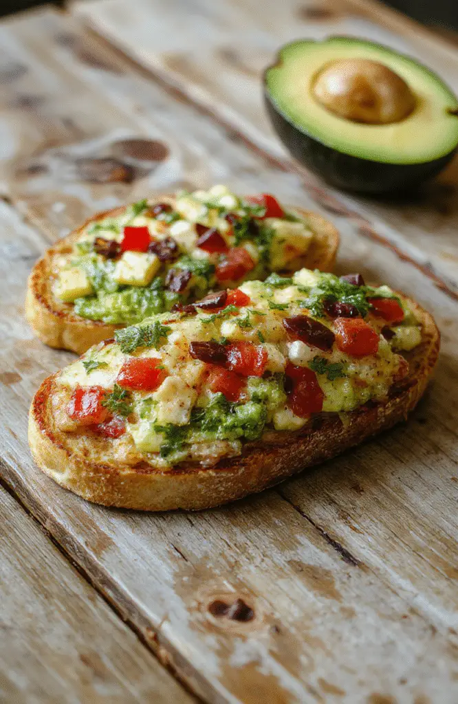 A vibrant plate of avocado toast featuring toasted sourdough bread topped with smashed ripe avocados, cherry tomato slices, microgreens, and a drizzle of balsamic glaze on a rustic wooden table.