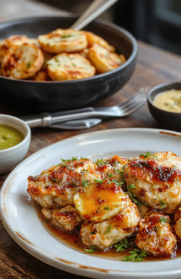 A beautifully plated Alice Springs Chicken dish featuring golden-brown grilled chicken breasts topped with melted cheese, crispy bacon bits, chopped green herbs, and a creamy mushroom sauce. The dish is presented on a rustic white plate with a side of fresh salad and lemon wedges, styled with a vibrant, colorful background and soft natural lighting highlighting textures and freshness.