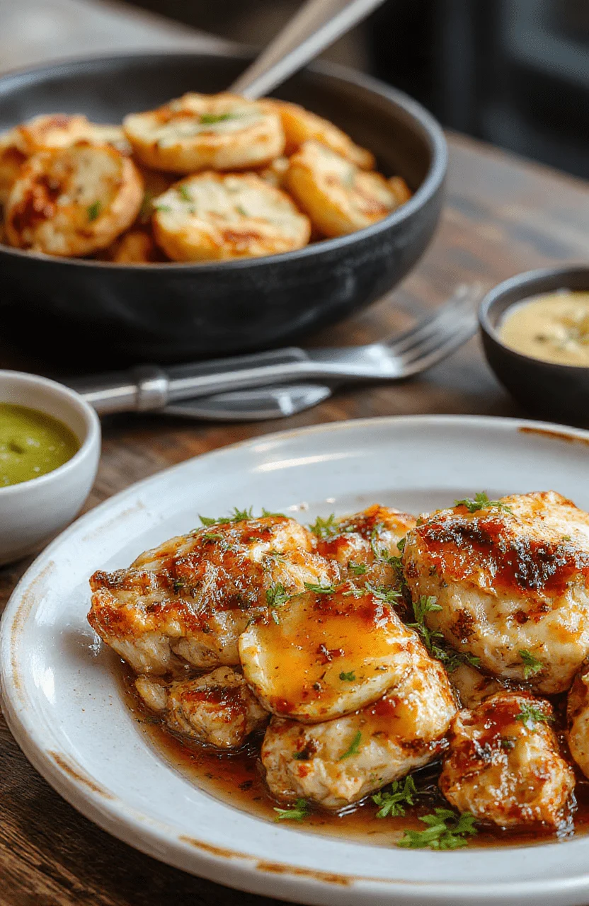 A beautifully plated Alice Springs Chicken dish featuring golden-brown grilled chicken breasts topped with melted cheese, crispy bacon bits, chopped green herbs, and a creamy mushroom sauce. The dish is presented on a rustic white plate with a side of fresh salad and lemon wedges, styled with a vibrant, colorful background and soft natural lighting highlighting textures and freshness.