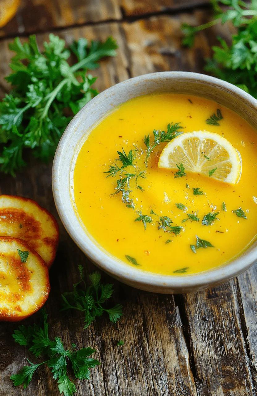 A vibrant bowl of golden turmeric chicken soup topped with fresh herbs, slices of cooked chicken, and a squeeze of lemon, set on a rustic wooden table with a spoon resting nearby, showcasing creamy textures and colorful ingredients.