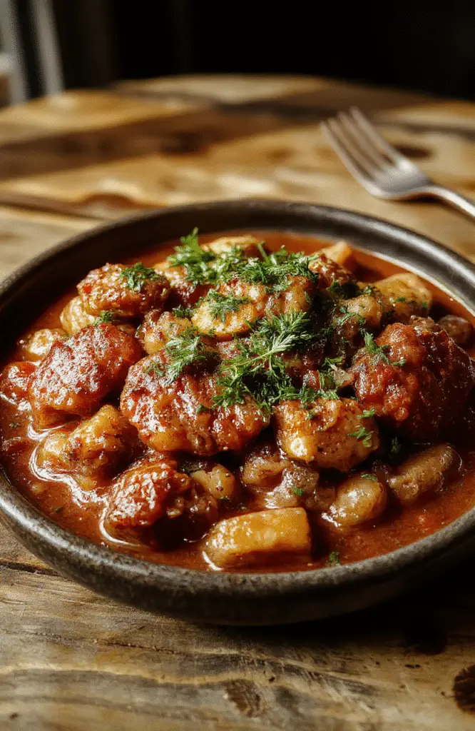 A steaming bowl of authentic German goulash with tender beef cubes, vibrant red sauce, garnished with fresh herbs, served alongside crusty bread, styled on a rustic wooden table with warm ambient lighting.