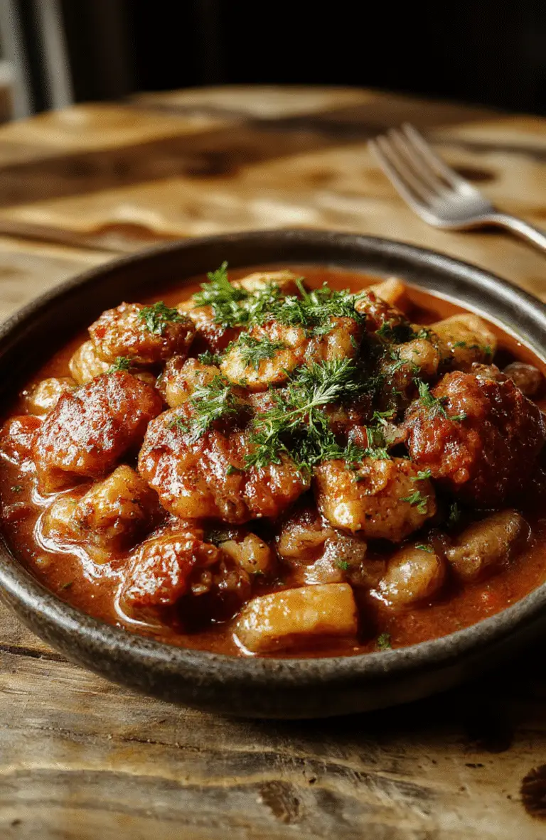 A steaming bowl of authentic German goulash with tender beef cubes, vibrant red sauce, garnished with fresh herbs, served alongside crusty bread, styled on a rustic wooden table with warm ambient lighting.