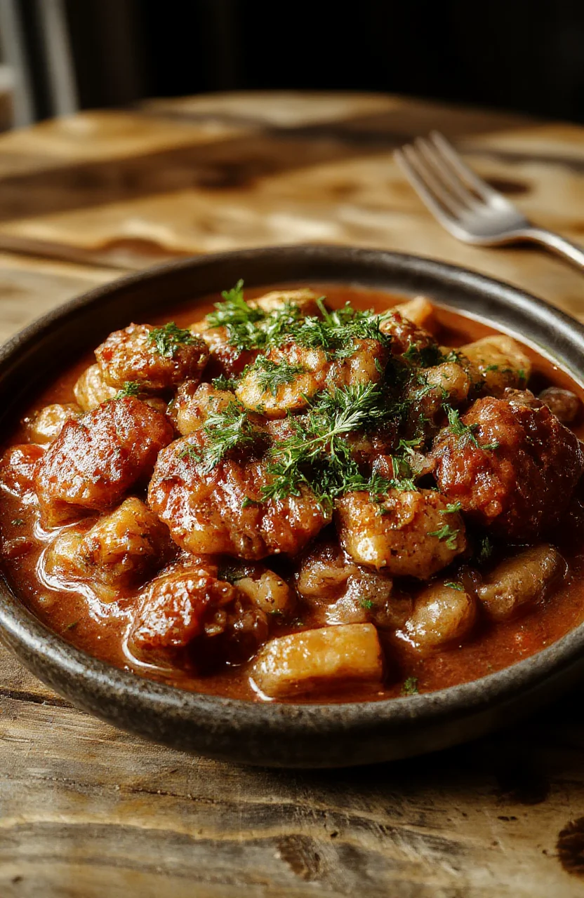 A steaming bowl of authentic German goulash with tender beef cubes, vibrant red sauce, garnished with fresh herbs, served alongside crusty bread, styled on a rustic wooden table with warm ambient lighting.