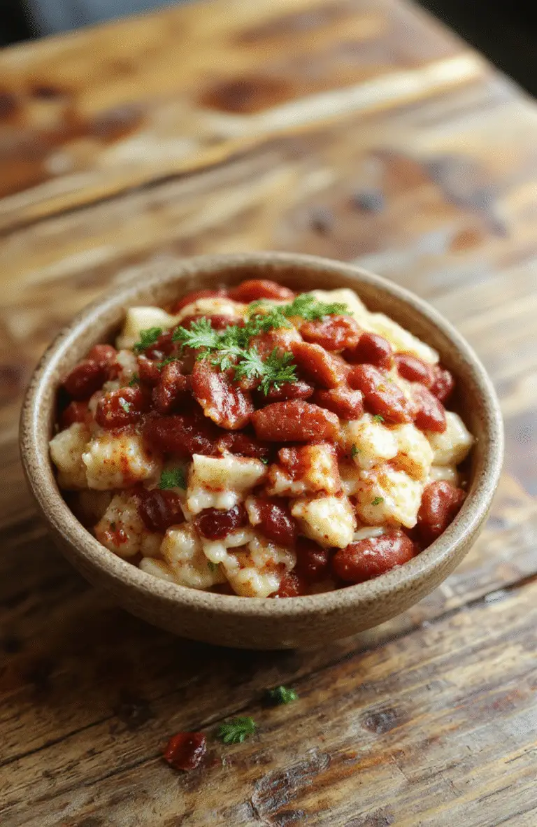 A vibrant plate of Louisiana red beans and rice, featuring tender red beans mixed with herbs and spices, served atop fluffy white rice with a sprig of green garnish on a rustic wooden table, warm and inviting colors, textured beans and rice with a rich sauce, styled simply and appetizing.