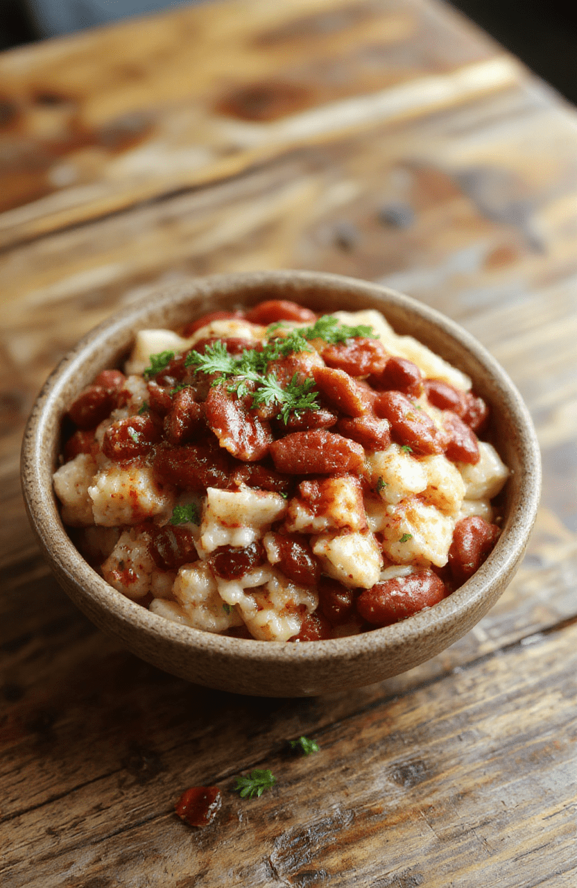 A vibrant plate of Louisiana red beans and rice, featuring tender red beans mixed with herbs and spices, served atop fluffy white rice with a sprig of green garnish on a rustic wooden table, warm and inviting colors, textured beans and rice with a rich sauce, styled simply and appetizing.