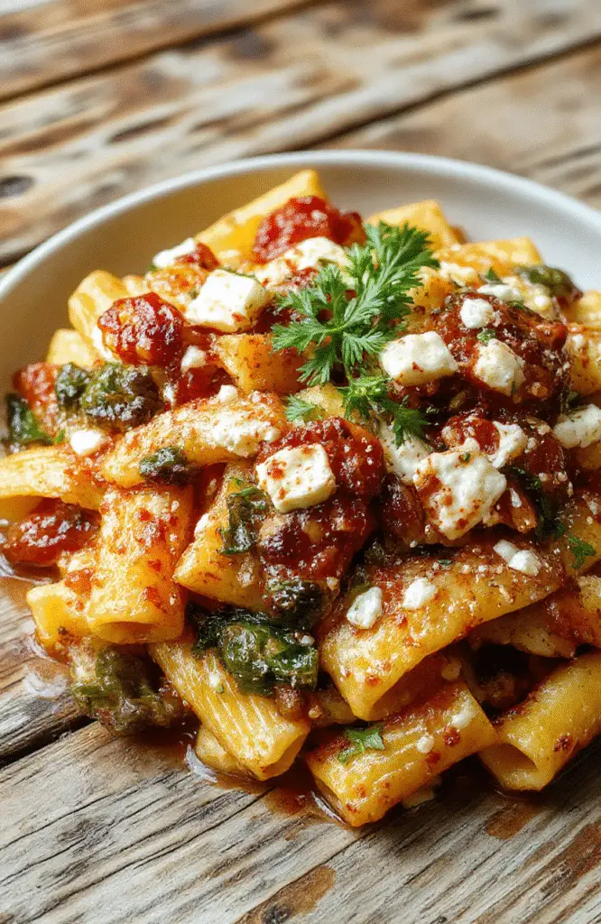 A vibrant plate of baked feta veggie pasta featuring colorful cherry tomatoes, leafy greens, and crumbled feta cheese arranged in a rustic white bowl, garnished with fresh basil leaves, on a wooden surface with natural daylight highlighting the textures and rich colors.