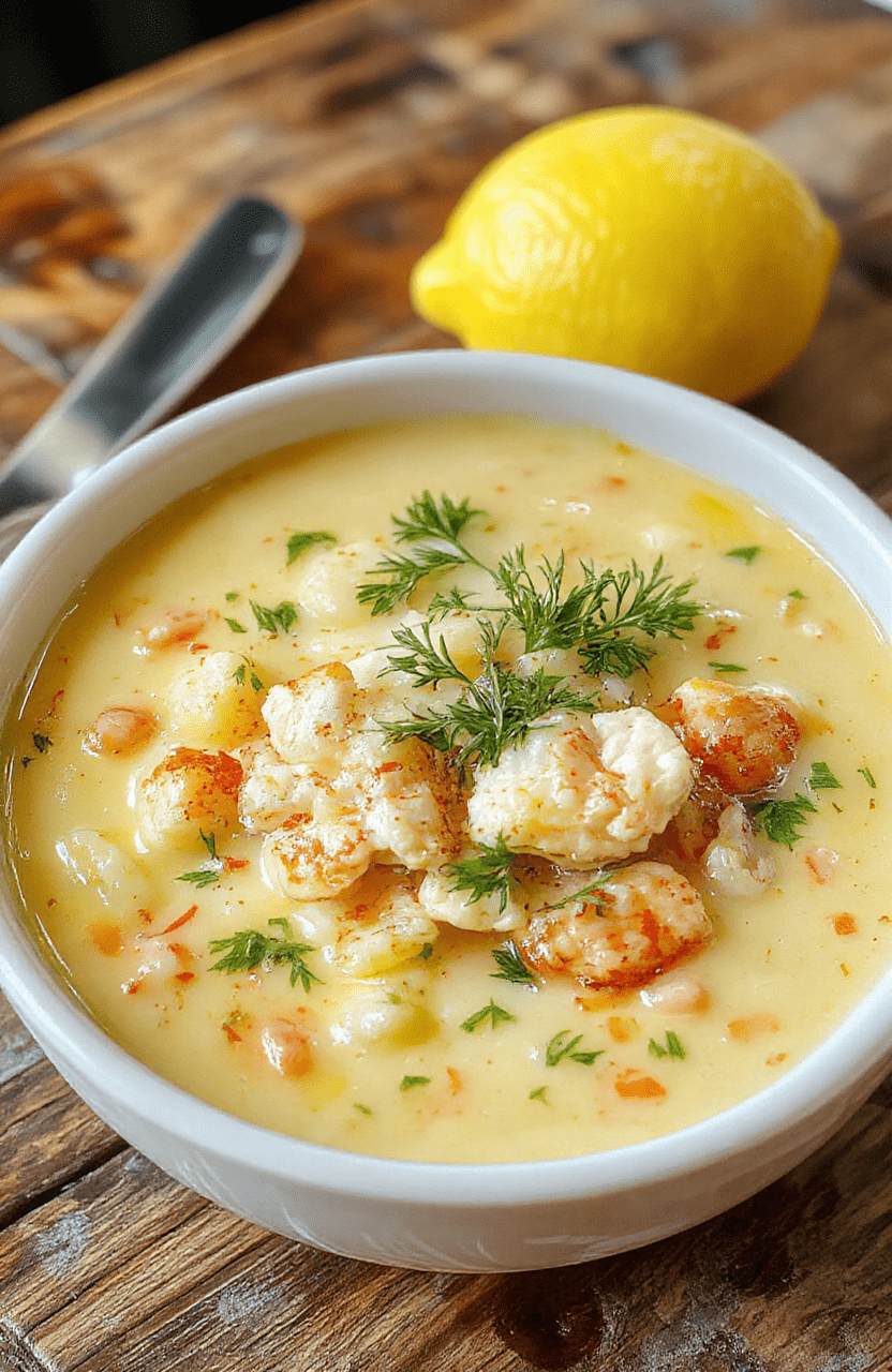 A vibrant bowl of lemon chicken orzo soup featuring tender chicken pieces, bright yellow lemon zest, fluffy orzo pasta, and fresh herbs, all presented in a rustic white bowl on a wooden surface, with a lemon wedge and sprigs of parsley for garnish, capturing the warm and inviting atmosphere.