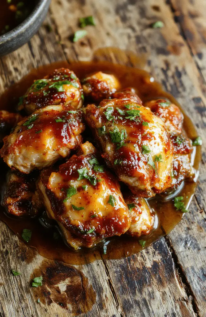 A vibrant plate of caramelised soy chicken garnished with fresh herbs, served alongside aromatic steamed rice and a clear garlic ginger broth, styled on a rustic wooden surface with natural daylight highlighting the glossy glaze and tender meat.