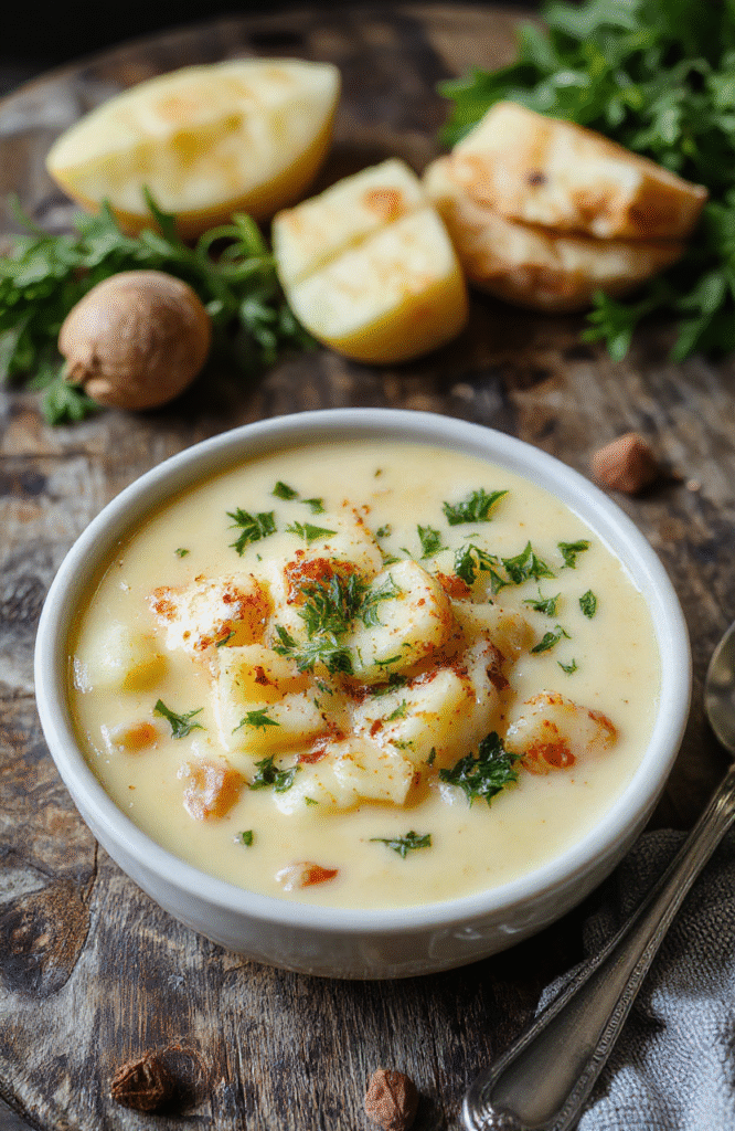 A vibrant bowl of cheesy, loaded potato soup garnished with fresh herbs and melted cheddar cheese, served on a rustic wooden table with a spoon and crusty bread in the background.