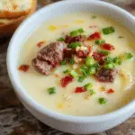 A creamy bowl of cheesy cheesesteak potato soup topped with melted cheese, sliced steak pieces, green onions, and crispy bacon bits, served in a rustic white bowl on a wooden surface, with a spoon resting beside for a cozy, inviting presentation.
