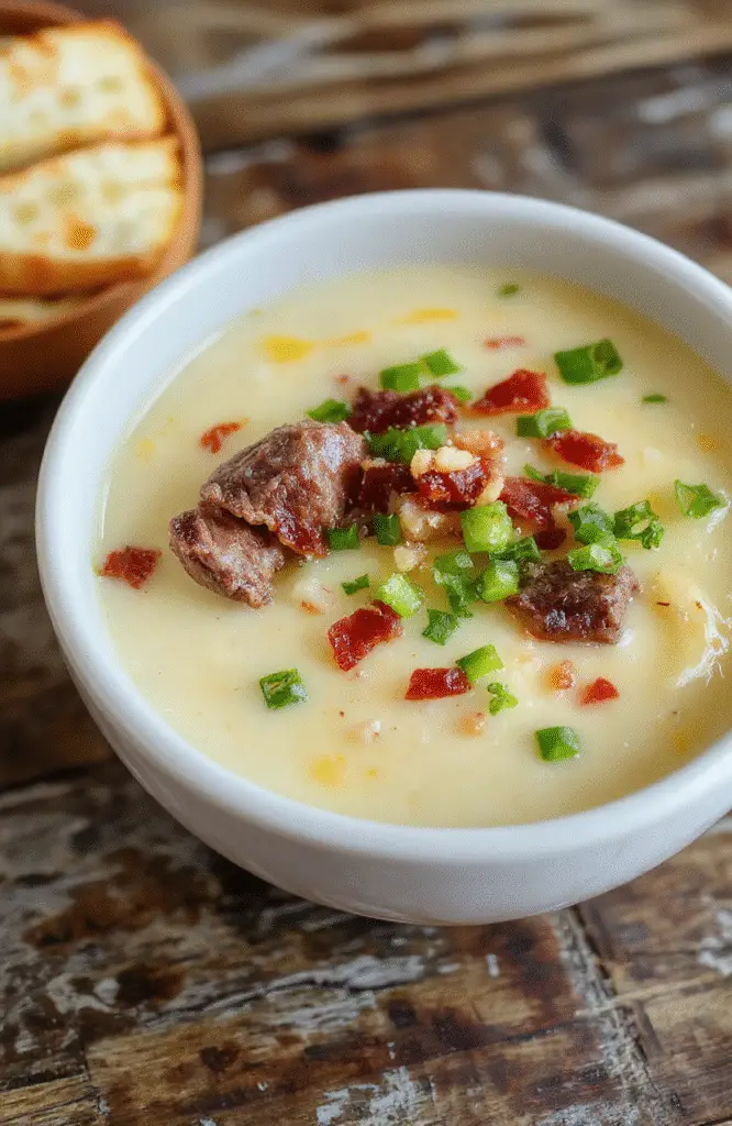 A creamy bowl of cheesy cheesesteak potato soup topped with melted cheese, sliced steak pieces, green onions, and crispy bacon bits, served in a rustic white bowl on a wooden surface, with a spoon resting beside for a cozy, inviting presentation.
