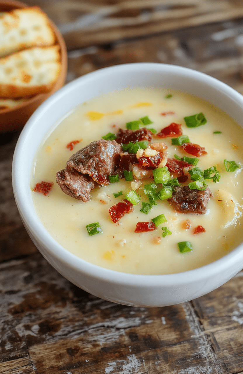 A creamy bowl of cheesy cheesesteak potato soup topped with melted cheese, sliced steak pieces, green onions, and crispy bacon bits, served in a rustic white bowl on a wooden surface, with a spoon resting beside for a cozy, inviting presentation.