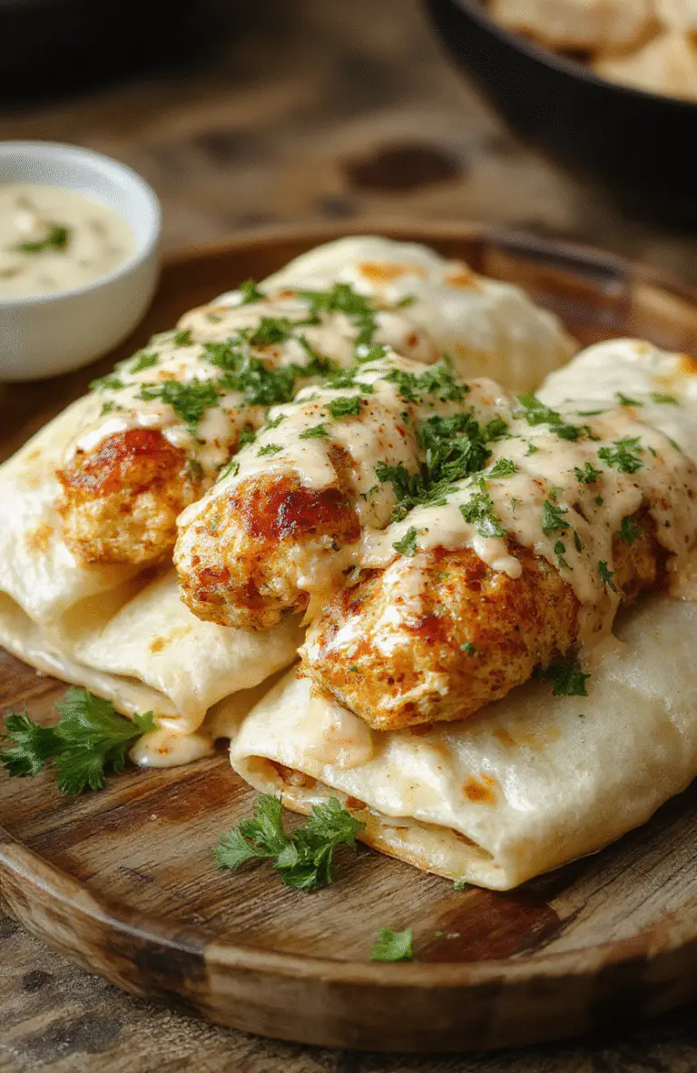 A close-up image of golden-brown chicken wraps filled with melted cheese and fragrant garlic, neatly folded on a rustic wooden plate, garnished with fresh herbs, with a soft background of greens and a drizzle of creamy sauce.
