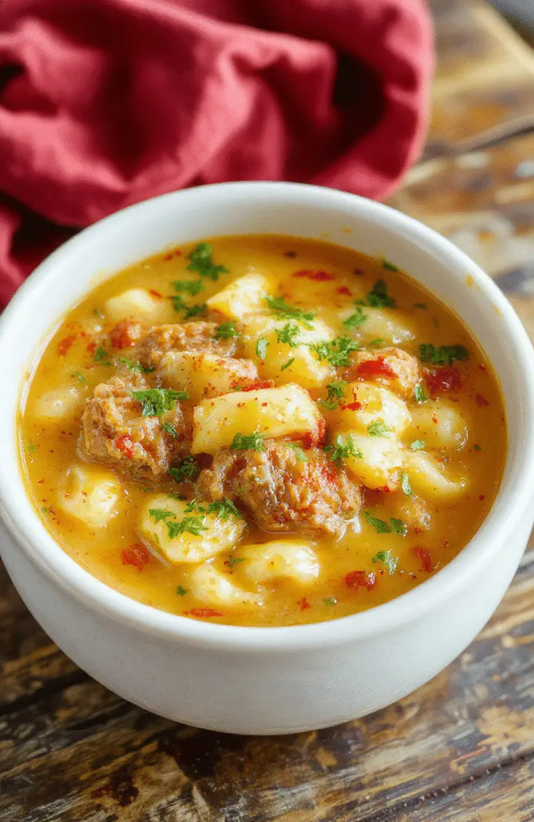 A steaming bowl of Cheesy One-Pot Macaroni Cheeseburger Soup featuring a rich creamy broth with tender macaroni, savory ground beef, melted cheese, and fresh herbs, garnished with chopped green onions on a rustic wooden table.