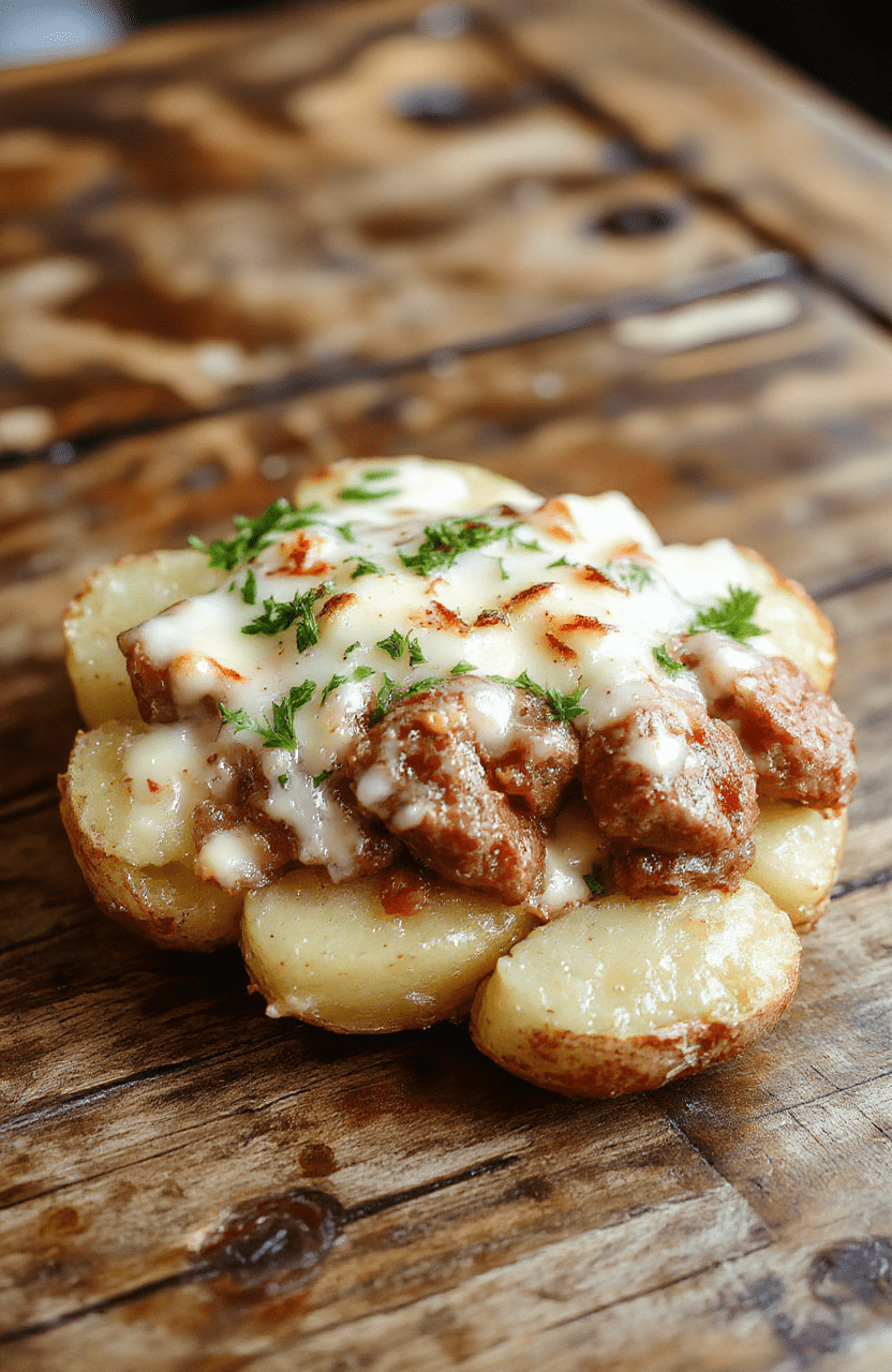 A colorful sheet pan featuring golden roasted potatoes topped with melted cheese, slices of smoked sausage, and fresh herbs, served on a rustic wooden table with vibrant vegetables and a sprinkle of ranch seasoning, styled casually for a homey feel.