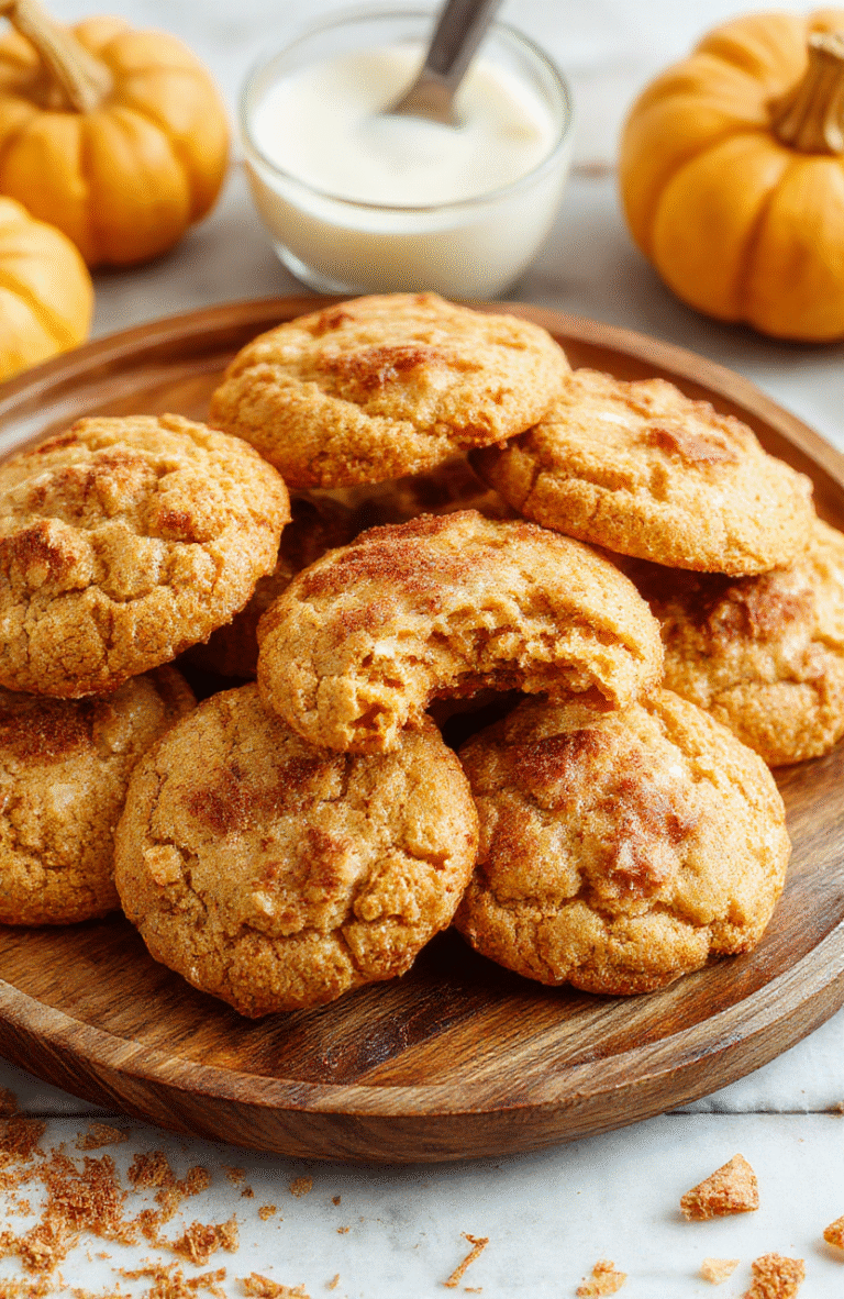 A close-up shot of golden brown pumpkin snickerdoodles with cracked surface, topped with cinnamon sugar, arranged on a rustic wooden plate with a fall-themed background featuring small pumpkins and cinnamon sticks, showing their chewy texture and cinnamon coating, styled for an inviting cozy fall ambiance.