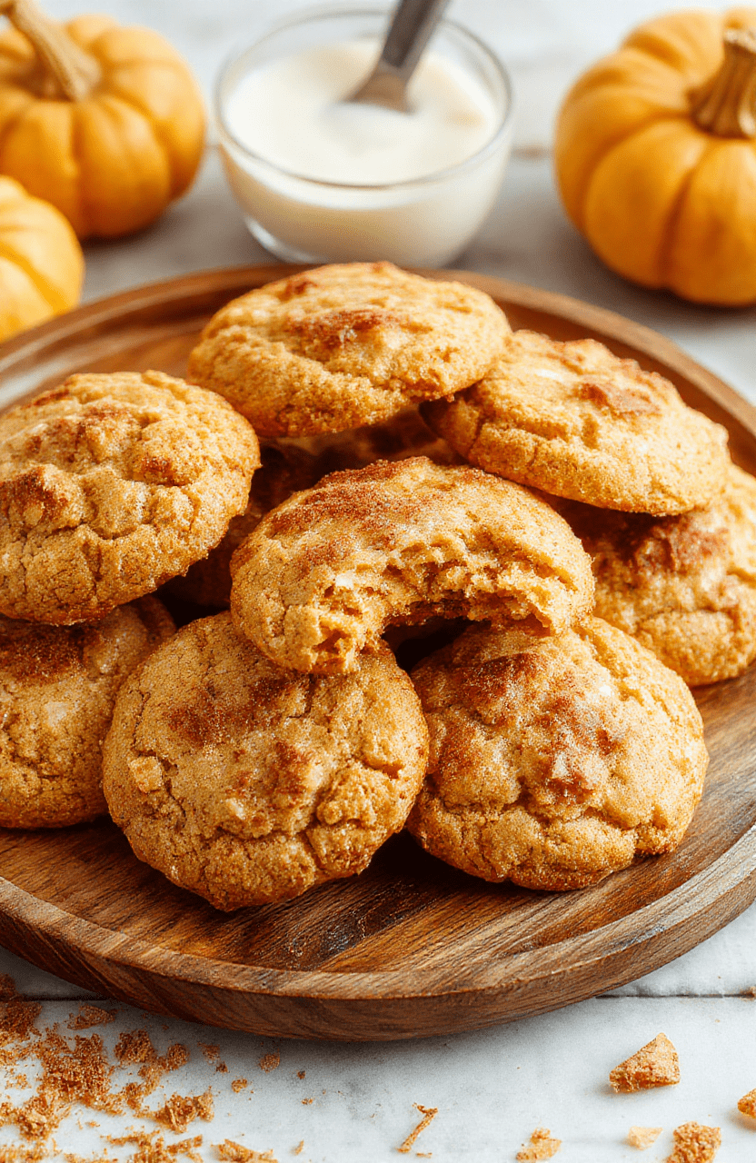 A close-up shot of golden brown pumpkin snickerdoodles with cracked surface, topped with cinnamon sugar, arranged on a rustic wooden plate with a fall-themed background featuring small pumpkins and cinnamon sticks, showing their chewy texture and cinnamon coating, styled for an inviting cozy fall ambiance.