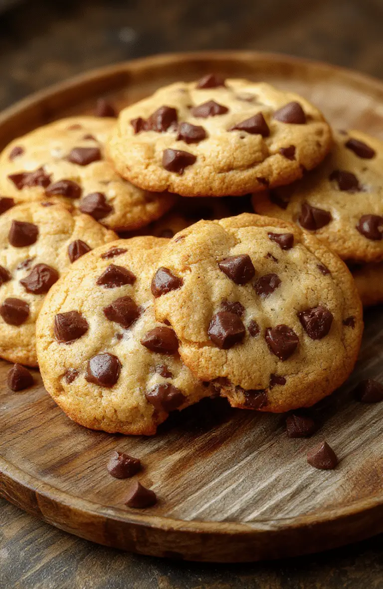A batch of chewy soft chocolate chip cookies on a rustic wooden plate, golden brown edges, gooey chocolate chunks visible, steam gently rising, styled with a few chocolate chips scattered around, natural light highlighting the textures and rich colors.