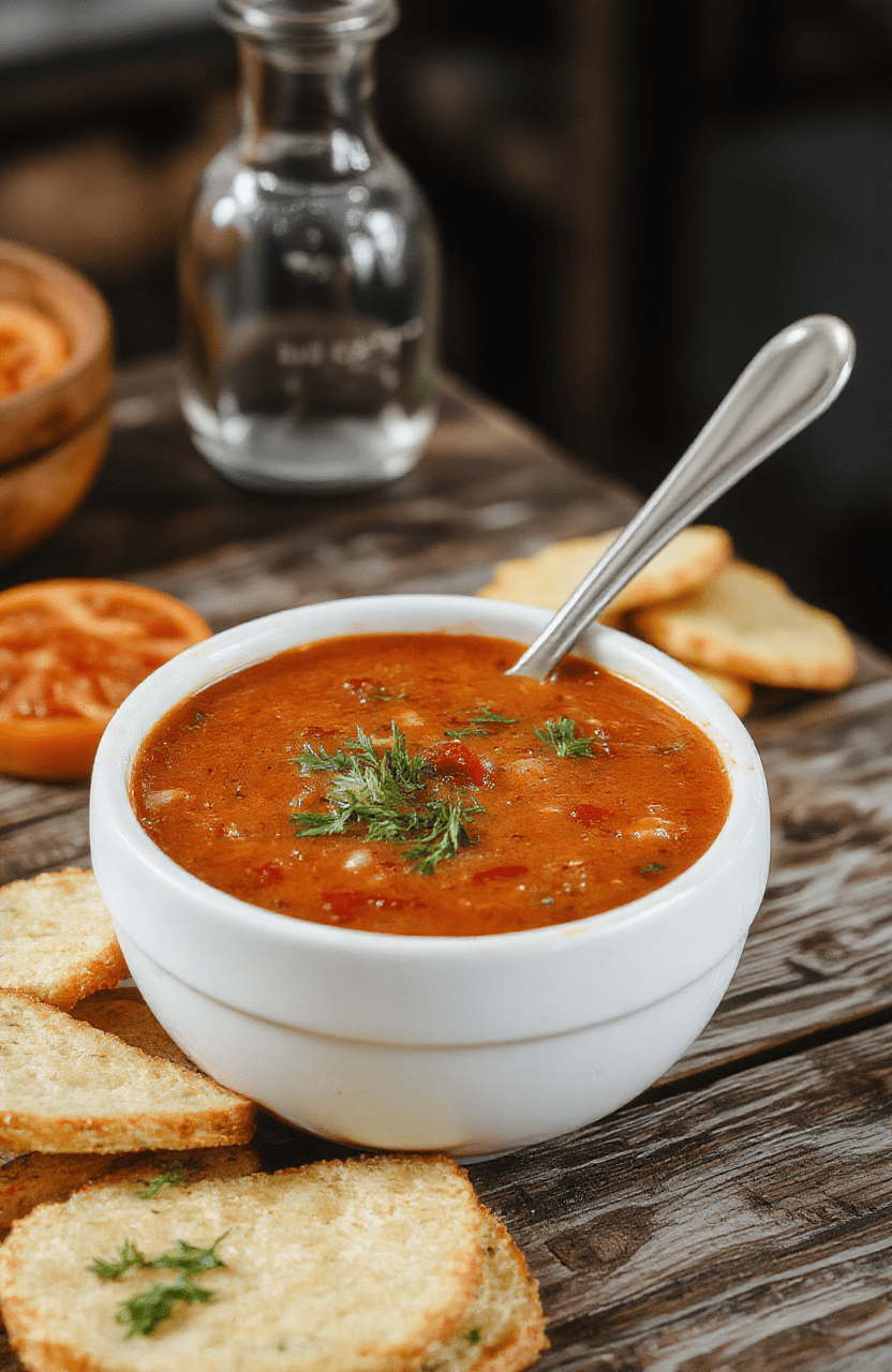 A vibrant red bowl of homemade tomato soup topped with fresh basil leaves, served on a rustic wooden table with a soft-focus background. The soup has a smooth creamy texture with hints of herbs, garnished with a drizzle of cream. The scene includes a warm woven cloth, and a small bread roll on the side, evoking a cozy and inviting atmosphere.