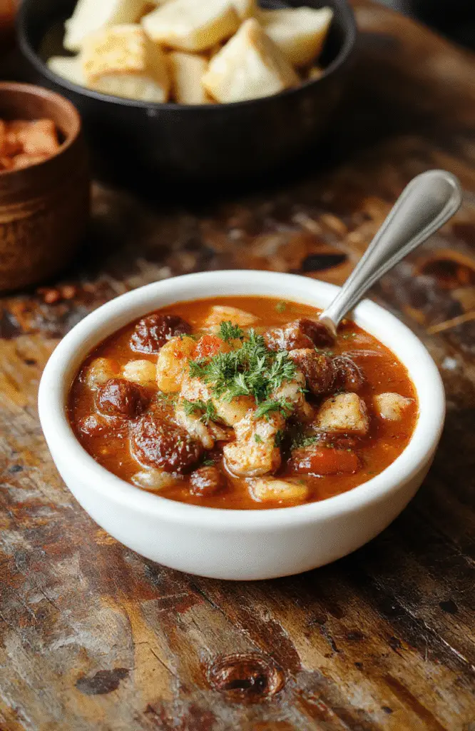 A rustic bowl of hearty cowboy stew filled with chunks of tender beef, colorful diced vegetables, and beans, served on a wooden table with a spoon, steam rising, and a warm, inviting atmosphere.