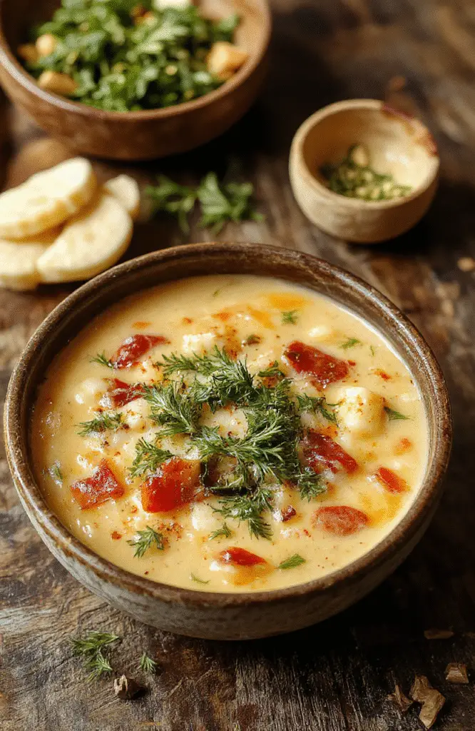 A steaming bowl of hearty wild rice soup placed on a rustic wooden table, garnished with fresh herbs and a dollop of cream, with crusty bread on the side. The vibrant orange and green colors of the ingredients contrast beautifully with the creamy broth, and the soup looks thick, textured, and inviting, styled simply for a cozy, autumnal vibe.
