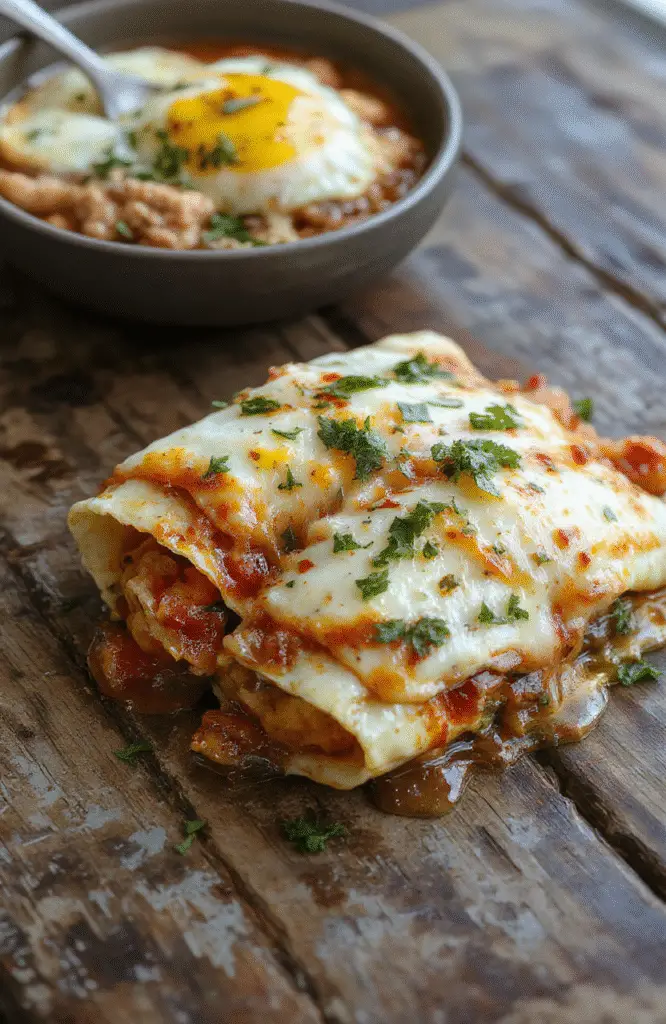 A vibrant plate of breakfast enchiladas featuring golden cheese, fresh cilantro, and colorful salsa, arranged neatly on a rustic wooden table with a lively breakfast setting