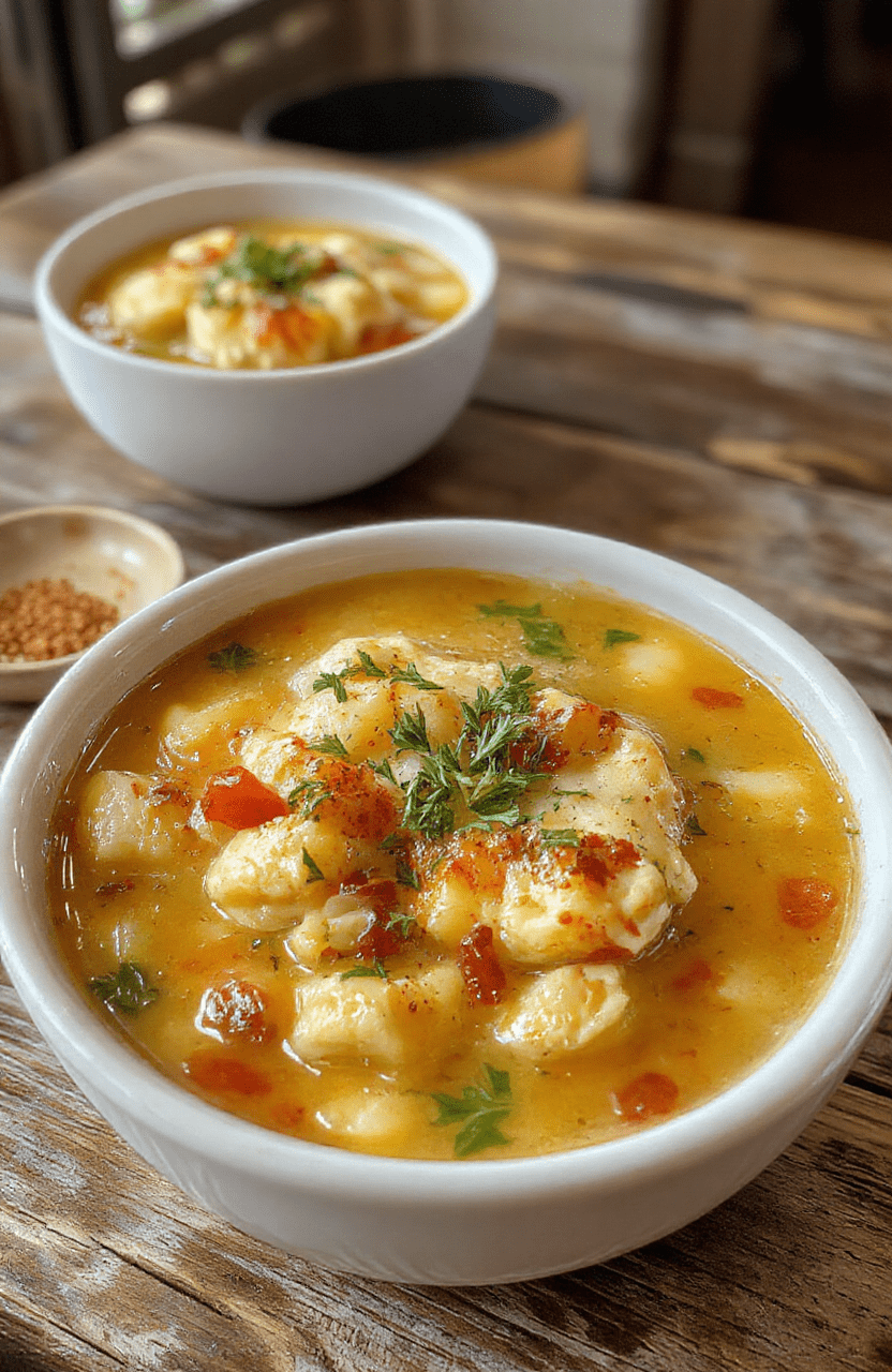 A warm bowl of chicken pot pie soup topped with a golden flaky crust, garnished with chopped parsley, surrounded by fresh ingredients like carrots, celery, and shredded chicken on a rustic wooden table.
