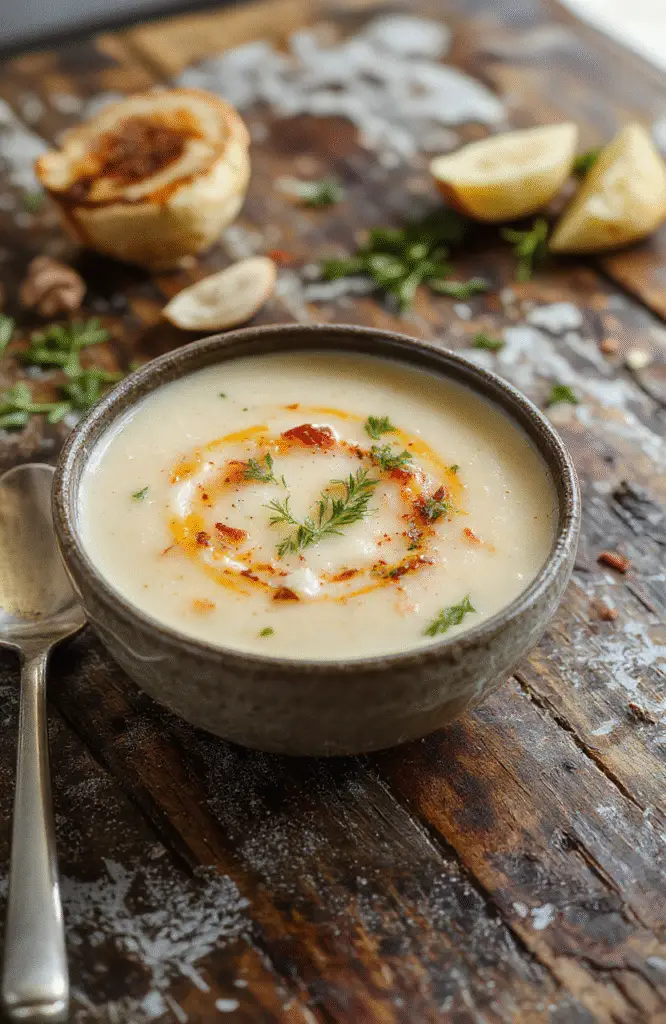 A bowl of rich, velvety French garlic soup with a sprig of fresh thyme on top, served in a rustic white bowl. The soup is garnished with small crispy croutons and a drizzle of cream, contrasting with the smooth, golden-brown broth. The presentation is on a wooden table with a linen napkin, evoking comfort and warmth.