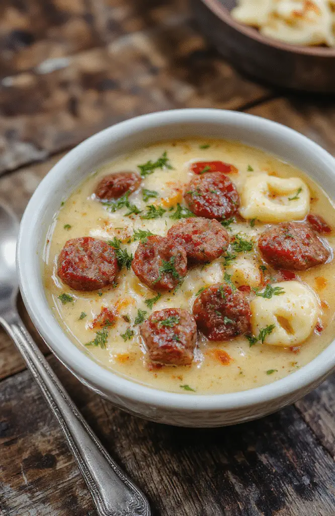 A vibrant bowl of creamy sausage and tortellini soup garnished with fresh herbs, showcasing tender sausage slices, plump tortellini, and colorful vegetables in a rich, inviting broth, styled on a rustic wooden surface with a side of crusty bread.