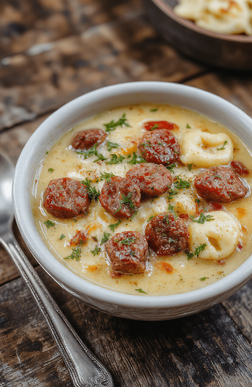 A vibrant bowl of creamy sausage and tortellini soup garnished with fresh herbs, showcasing tender sausage slices, plump tortellini, and colorful vegetables in a rich, inviting broth, styled on a rustic wooden surface with a side of crusty bread.