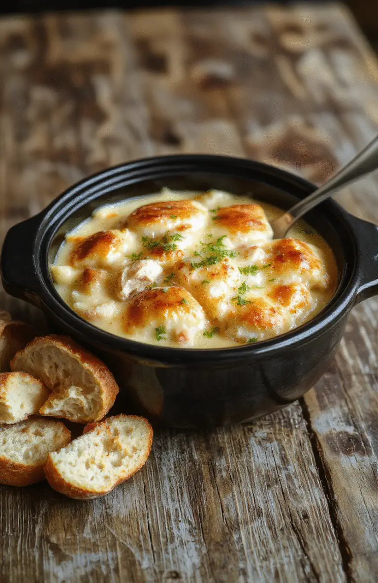 A warm, golden-brown chicken pot pie served in a rustic dish with flaky crust edges, filled with tender chicken, vegetables, and creamy sauce, garnished with fresh herbs, styled on a cozy wooden table with a spoon and napkin