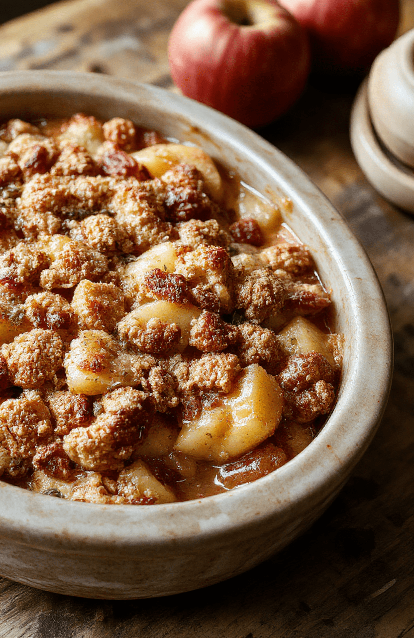 A warm, golden apple crisp served in a rustic ceramic dish, topped with a crunchy oat streusel and a scoop of vanilla ice cream melting slightly alongside, with caramel drizzle accents and autumn leaves in the background, natural light enhances the inviting, homemade feel.