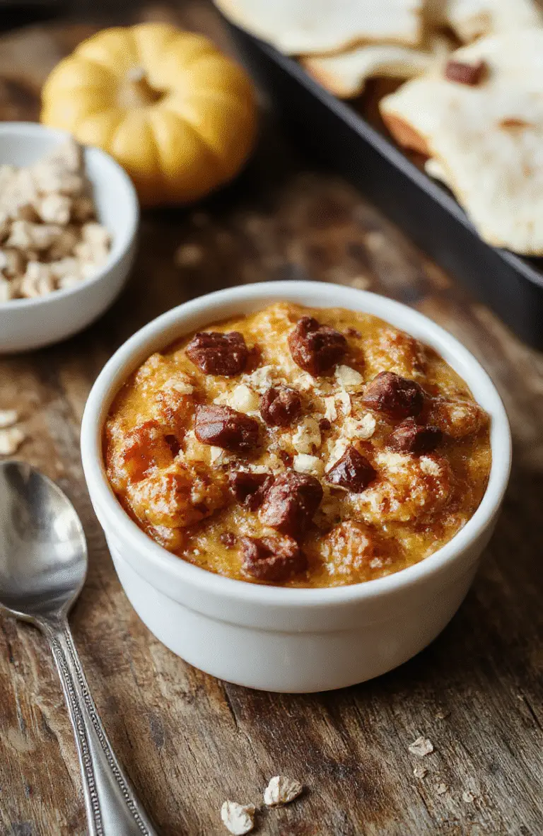 A warm, inviting bowl of pumpkin baked oatmeal topped with cinnamon and a drizzle of maple syrup. The oatmeal has a golden-brown crust with a soft, moist interior, garnished with pumpkin seeds and a sprinkle of nutmeg. The bowl is set on a rustic wooden table, styled with autumn leaves and a cozy fabric napkin, evoking a comforting fall morning vibe.