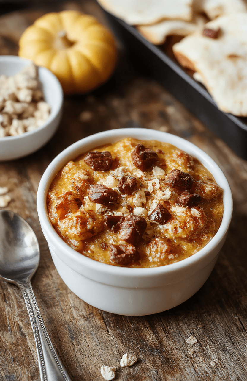 A warm, inviting bowl of pumpkin baked oatmeal topped with cinnamon and a drizzle of maple syrup. The oatmeal has a golden-brown crust with a soft, moist interior, garnished with pumpkin seeds and a sprinkle of nutmeg. The bowl is set on a rustic wooden table, styled with autumn leaves and a cozy fabric napkin, evoking a comforting fall morning vibe.