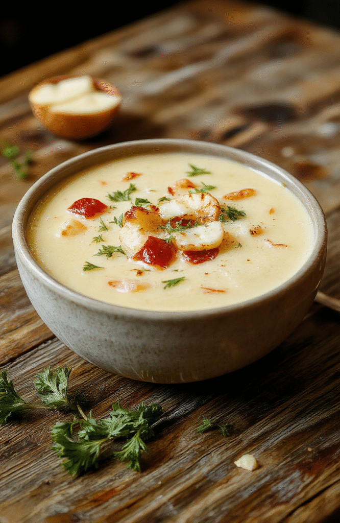 A warm bowl of French onion soup topped with melted cheese and crispy bread croutons, garnished with fresh thyme, sitting on a rustic wooden table with a cozy fall ambiance.