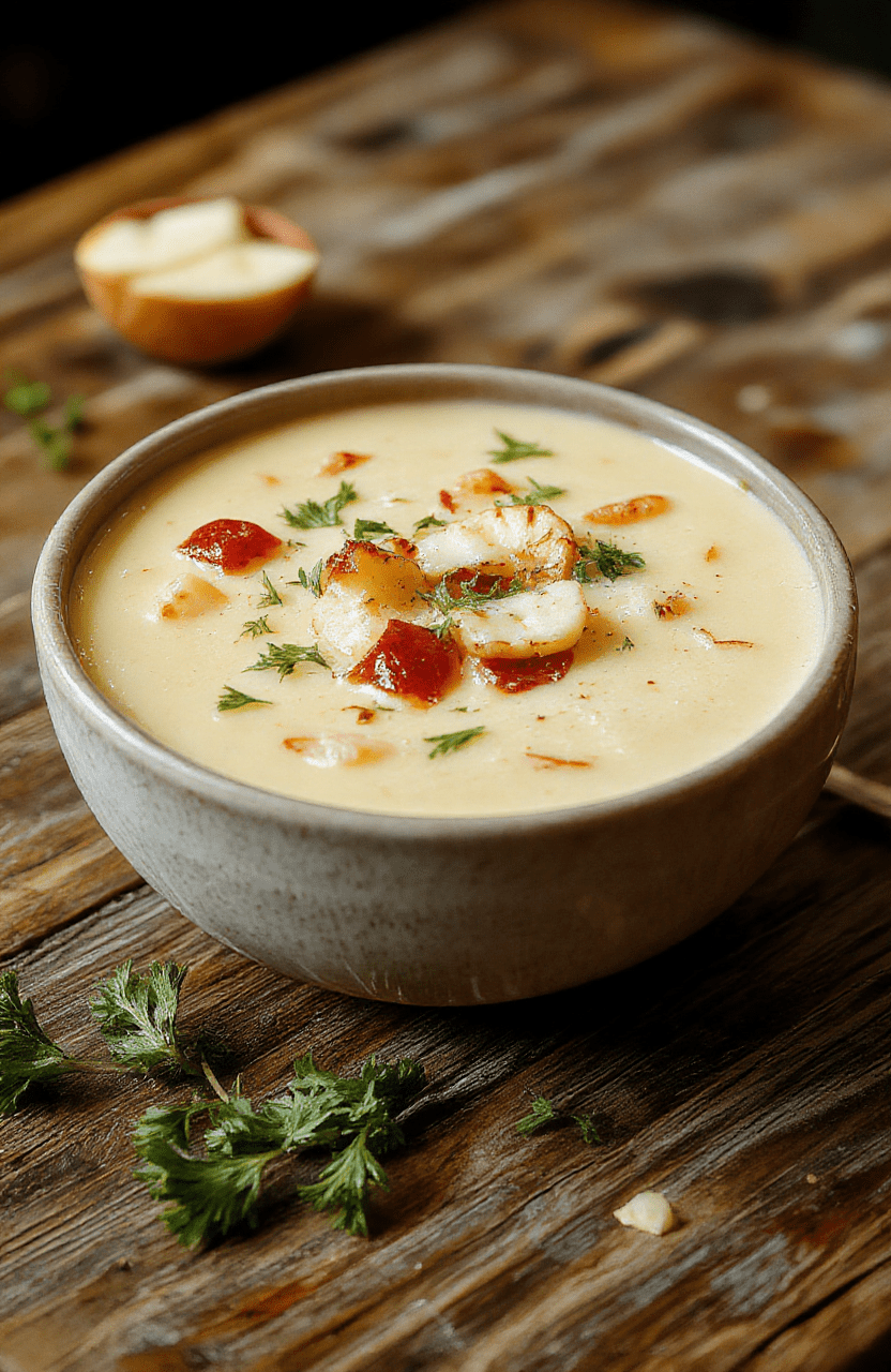 A warm bowl of French onion soup topped with melted cheese and crispy bread croutons, garnished with fresh thyme, sitting on a rustic wooden table with a cozy fall ambiance.